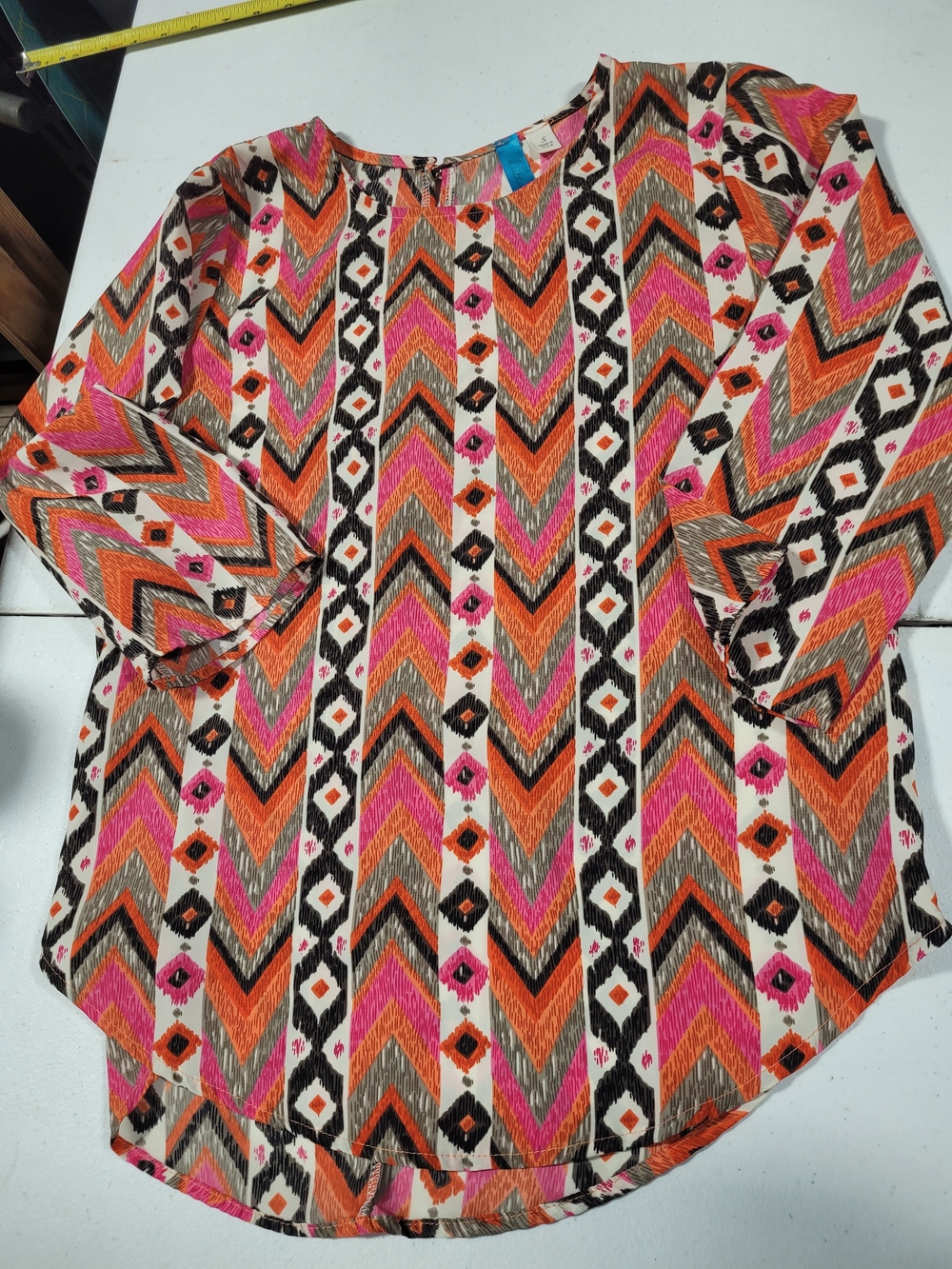 buttons Chevron-Stripe Long Sleeve Tunic in Pink, Orange & Cream